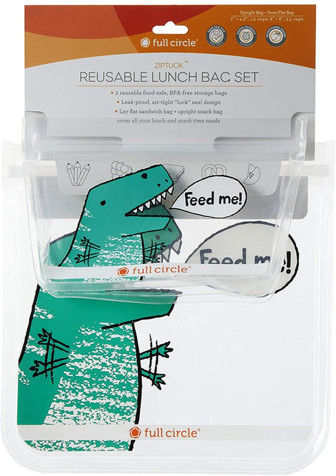 Full Circle ZipTuck Kids Reusable Plastic Food and Storage Bag, Lunch Set, Dinosaur