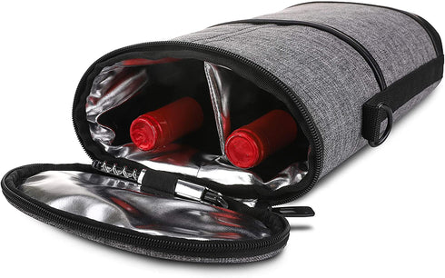 ALLCAMP 2 Bottle Wine Tote Carrier - Insulated Portable Padded Canvas Wine Bag for Travel, BYOB Restaurant, Wine Tasting, Party, Great Christmas Day Gift for Wine Lover?Gray