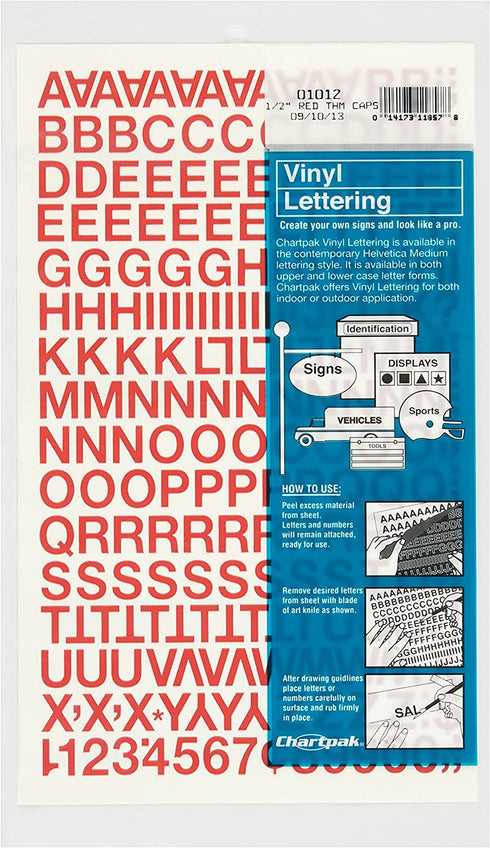 Chartpak Self-Adhesive Vinyl Capital Letters and Numbers, 1/2 Inches High, Red, 201 per Pack (01012)