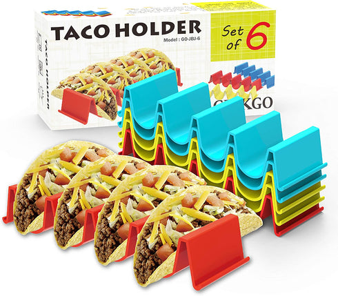 GINKGO Taco Holder Stand Set of 6 - Taco Truck Tray Style Rack, Holds Up to 4 Tacos Each, ABS Health Material Very Hard and Sturdy, Dishwasher Top Rack Safe, Microwave Safe