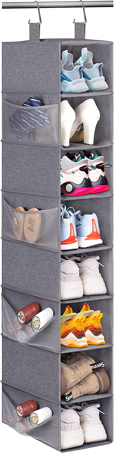 KIMBORA 8-Shelf Hanging Shoe Organizer with 8 Side Mesh Pockets Hanging Shoe Rack for Closet Shoe Holder, Grey