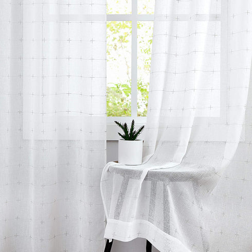 Central Park White Semi Sheer Curtain Gray GEO Cross Embroidery Panels Linen Texture Rod Pocket Window Treatment Drape Sets for Living and Bedroom Farmhouse 84 inches Long, 2 Panels, White