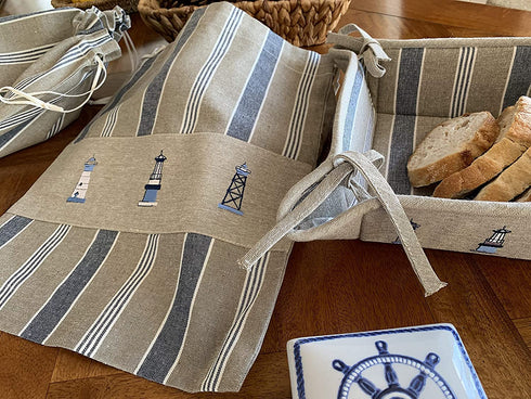 Cotton Cloth Bread Bags for Artisan Homemade Bread Reusable Food Storage - Large Drawstring Bread Bags and Bread Serving Basket - Embroidered Set of 3 (Nautical - Lighthouse)