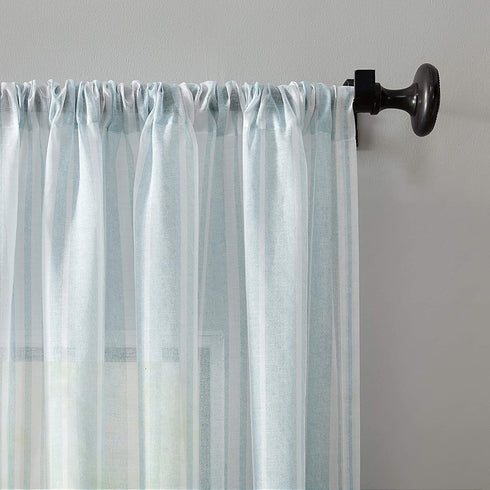 Archaeo Ticking Stripe Textured Cotton Blend Sheer Curtain, 54" x 63", Aqua/White