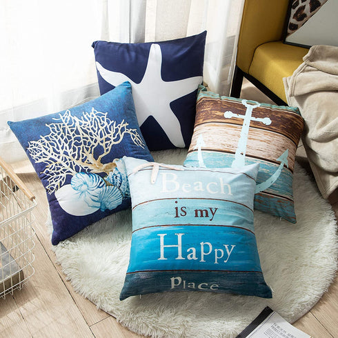Emvency Set of 4 Throw Pillow Covers Nautical Coastal Beach and Blue Turquoise Anchor Weathered Wood Old Decorative Pillow Cases Home Decor Square 18x18 Inches Pillowcases