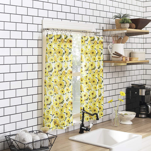 No. 918 Sunbeam Sunflower Print Semi-Sheer Rod Pocket Kitchen Curtain Valance and Tiers Set, 54 in x 24 in (3 Piece), Yellow