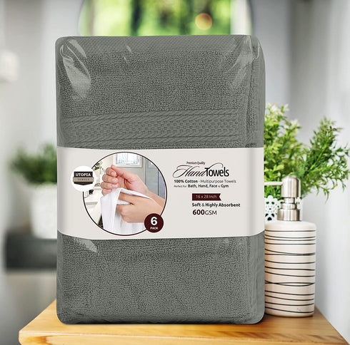 Utopia Towels Premium Grey Hand Towels - 100% Combed Ring Spun Cotton, Ultra Soft and Highly Absorbent, 600 GSM Extra Large Hand Towels 16 x 28 inches, Hotel & Spa Quality Hand Towels (6 Pack)