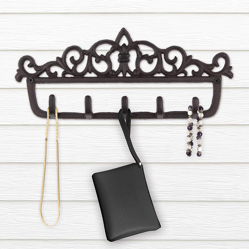 gasare, Key Holder for Wall, Decorative Key Rack, 5 Sturdy Hooks, Cast Iron, Brown, 12½ x 5¼ Inches, Wall Mount Screws and Anchors, 1 Unit