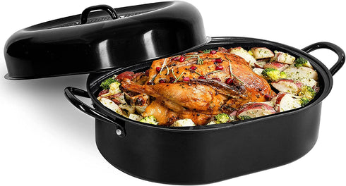 Granite Stone Oval Roaster Pan, Small 16 Ultra Nonstick Roasting Pan with Lid, Grooved Bottom for Basting, Broiler Pan for Oven, Dishwasher Safe, Up to 7lb Poultry / Roast, Serves 1- 5, PFOA Free