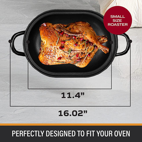 Granite Stone Oval Roaster Pan, Small 16 Ultra Nonstick Roasting Pan with Lid, Grooved Bottom for Basting, Broiler Pan for Oven, Dishwasher Safe, Up to 7lb Poultry / Roast, Serves 1- 5, PFOA Free