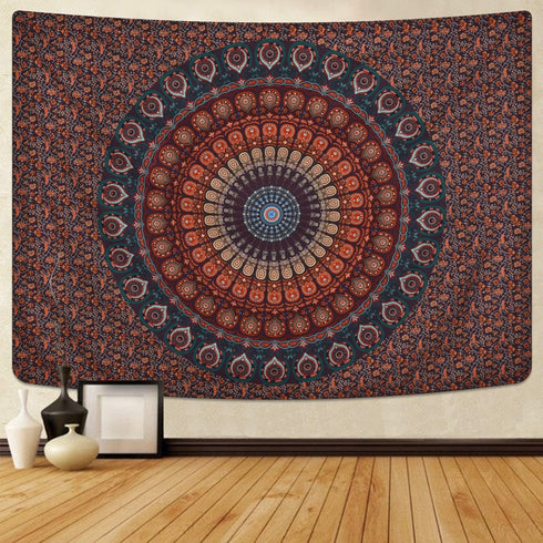 Mandala Tapestry Bohemian Hippie Tapestry Psychedelic Peacock Tapestry Wall Hanging Floral Brown Tapestry for Room(51.2 x 59.1 inches)