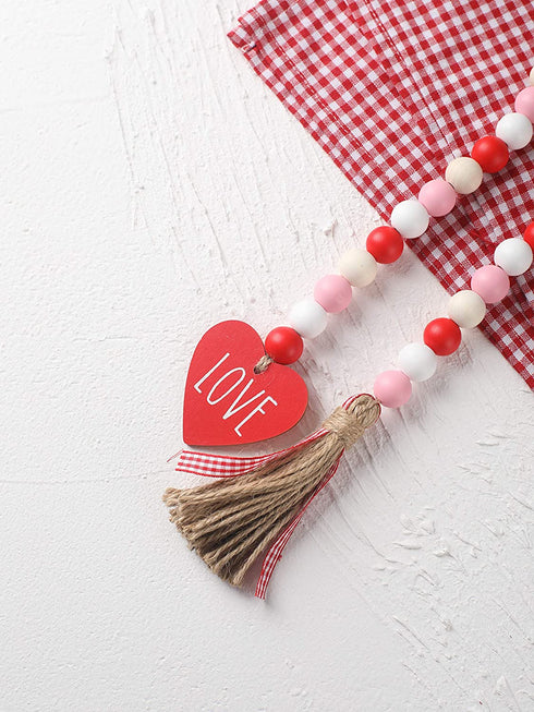 Valentine™s Day Wood Bead Garland with Tassels and Love Heart Shaped Wooden Embellishments Rustic Farmhouse Tiered Tray Wedding Decorations Home Decor (Red & White Love)