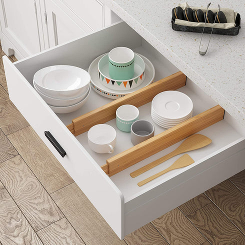 BAMEOS Drawer Dividers Bamboo Separators Organization Expandable Organizers for Kitchen Bedroom Bathroom Dresser Office 4-pack