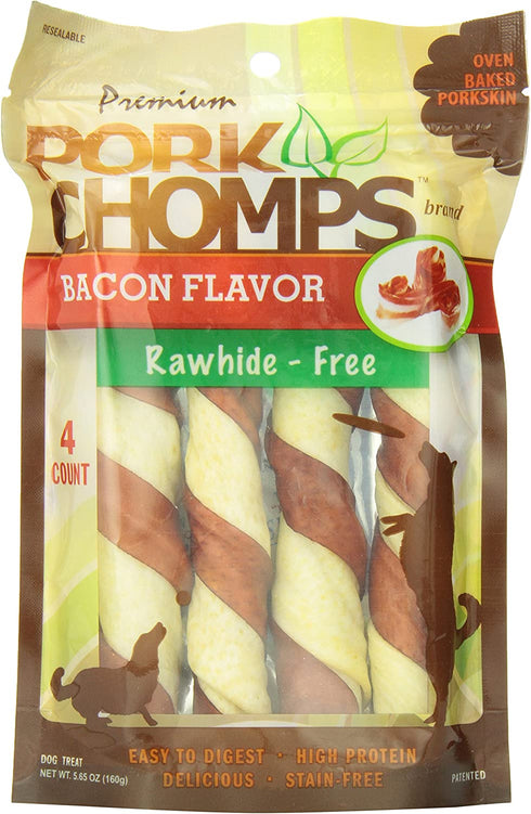 Pork Chomps Baked Pork Skin Dog Chews, 6-inch Twists, Bacon Flavor Wrap, 4 Count