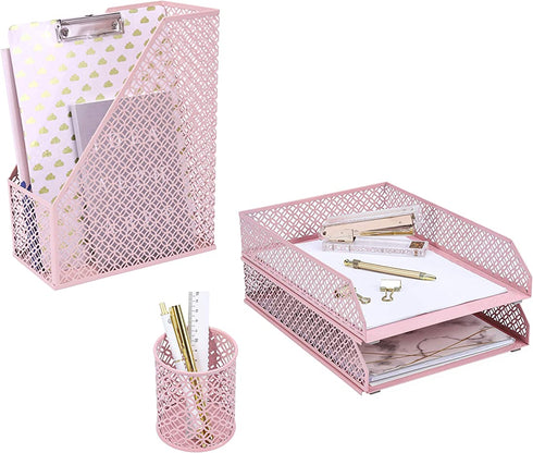 Annova Mesh Desk Organizer 4 Pieces Office Suppliers Desktop Organizer Set Desk Accessories - Letter / File Tray x 2, Magazine Rack / Upright Document Holder x 1, Pen Holder x 1 - Light Pink