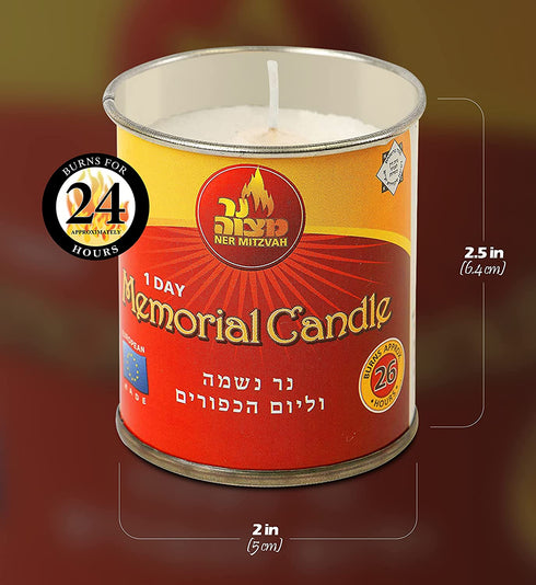 Ner Mitzvah 1 Day Yartzeit Candle - 12 Pack - 24 Hour Kosher Yahrtzeit Memorial and Yom Kippur Candle in Tin Cup Holder