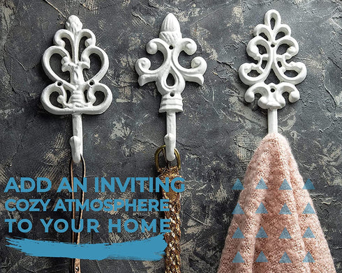Shabby Chic Cast Iron Decorative Wall Mounted Hooks - White - Antique - French Country Charm - Large Decorative Hanging Hooks - Set of 3 - Screws and Anchors for Mounting Included - Comfify