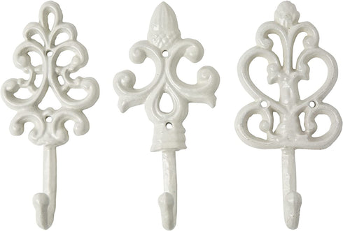 Shabby Chic Cast Iron Decorative Wall Mounted Hooks - White - Antique - French Country Charm - Large Decorative Hanging Hooks - Set of 3 - Screws and Anchors for Mounting Included - Comfify