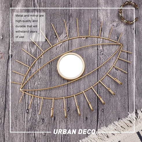Urban Deco Eye Shaped Wall Mounted Jewelry Organizer Mirror with 7 Necklace Hooks, Evil Eye Mirror Wall D©cor, Metal Jewelry Holder Gold Necklace Holder Organizer