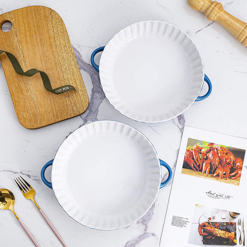 Bruntmor Set Of 2 Quiche Pan Ceramic Pie Pan, 9.5 Inch Tart Pan - Round Pie Plate Baking Dish with Ribbed Edges, W/ Side handles, Blue