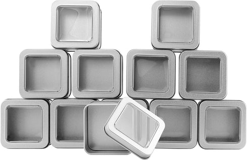 Cornucopia Square Silver Metal Tins w/View Window (12-Pack); Empty 1/2 Cup / 4-Ounce Capacity Clear Top Metal Boxes Great for Candles, Candies, Gifts, Balms & Treasures