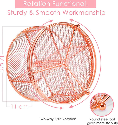Rose Gold Mesh Desk Organizer, Varhomax Pen Holder Desktop Storage Caddy, Rotating 360-Degree Pencil Holder for Home Office Multi-Functional 4 Compartments Large Storage Capacity