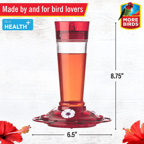 More Birds Bird Health+ Ruby Hummingbird Feeder, Glass Hummingbird Feeders for Outdoors, 4 Feeding Stations, 10 Ounces