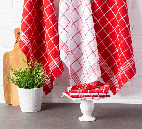 DII Waffle Weave Kitchen Collection, 100% Cotton, Kitchen Set, Red 8 Piece