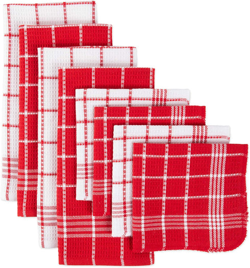 DII Waffle Weave Kitchen Collection, 100% Cotton, Kitchen Set, Red 8 Piece