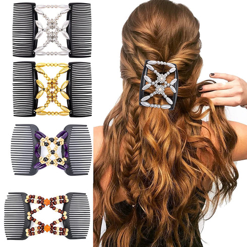 Aethland 4 Pcs Hair Combs for Women Accessories, Comby Magic Hair Comb for Women Wood Beaded Stretch Double Hair Side Combs Clips Elastic Beaded Hairpins Combs (Set A)