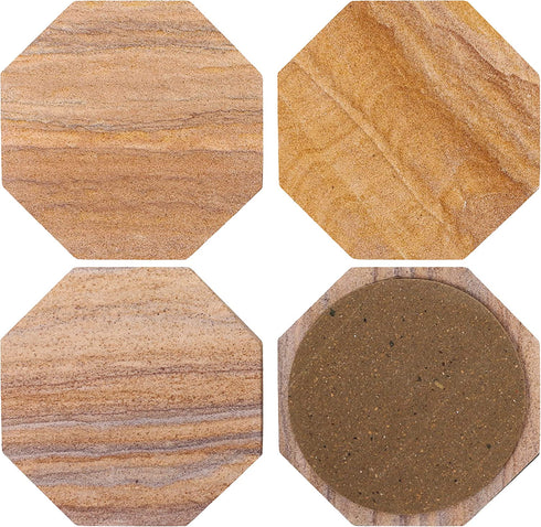 Marbco Sandstone Water Absorbent Hand Crafted Octagon Coasters for Drinks- Set of 4 - 4 inches Wide Thirsty Stone bar/Drink Coasters Made from Real Solid Stone (Without Holder, Set of 4)
