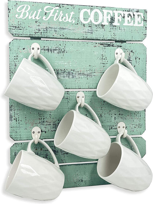TREE IN BLUE Wooden Coffee Mug Holder - 17 X 13 Inch Eggshell Blue Wall Mounted Rustic Wood Cup Organizer 5 hooks, But First Coffee Sign Wall Decor, Mug Rack Display Shelf, Home Kitchen Storage