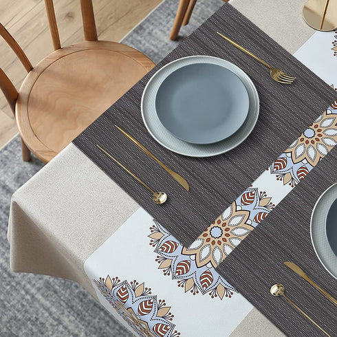 Woven Vinyl Table Runner and Placemats Set of 6 for Kitchen Dining Table Wipe Clean Washable PVC Table Runner Dark Grey (1 Table Runner and 6 Placemats)