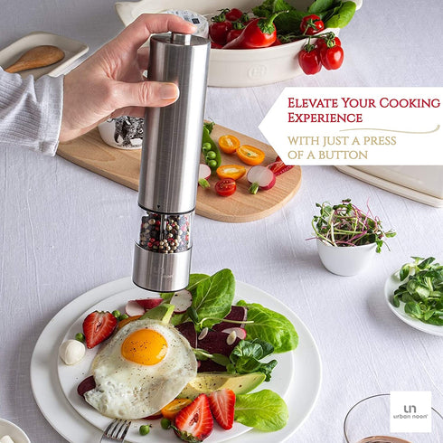 Electric Pepper Grinder or Salt Grinder - Battery Operated Stainless Steel Pepper Mill with Light - One Handed Operation - Adjustable Ceramic Grinder