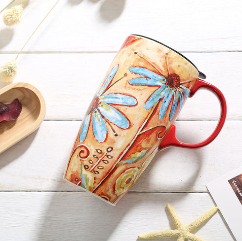 CEDAR HOME Coffee Ceramic Mug Porcelain Latte Tea Cup With Lid 17oz. Orange Flower