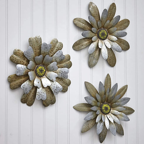 The Lakeside Collection Rustic Galvanized Metal Hanging Wall Flowers Decor - Set of 3 - Distressed Finish