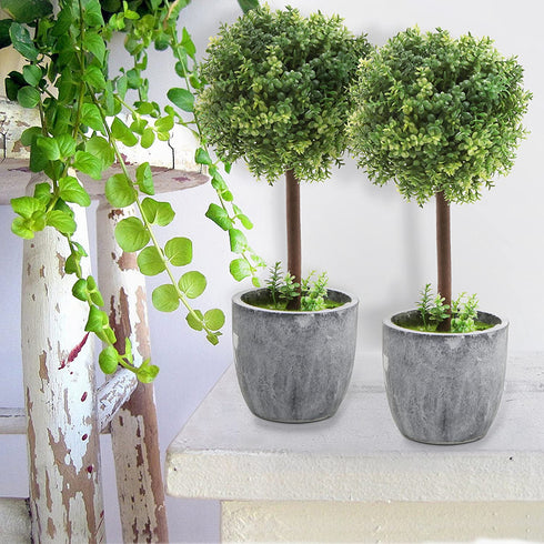 MyGift Artificial Boxwood Topiary Trees, Fake Plants Decor - 12 Inch Faux Tabletop Decorative Small House Plant with Gray Ceramic Pots, Set of 2