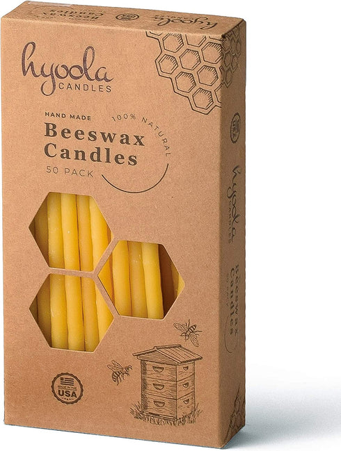 Hyoola Beeswax Birthday Candles 50 Pack - Natural Dripless Decorative Candles with Long Lasting Burn Elegant Taper Design, Soothing Scent 6? Tall Handmade in The USA