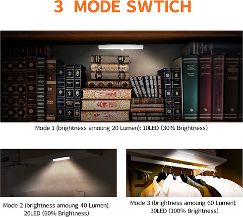 30 LED Closet Lights 3 Pack, Otdair Dimmable Closet Lights Motion Sensored, Rechargeable Under Cabinet Lighting Stick-on Anywhere, for Kitchen, Wardrobe, Stairs, Bedroom, Hallway