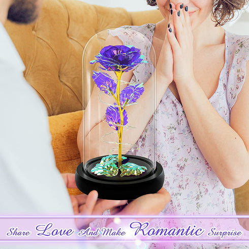 Purple Colorful Artificial Flower Rose Gift,Light Up Rose Flowers Gift, Rose Flower in Glass Dome,Women Gifts Idea for Valentine's Day,Mother's Day,Thanksgiving,Birthday,Anniversary On Any Occasion