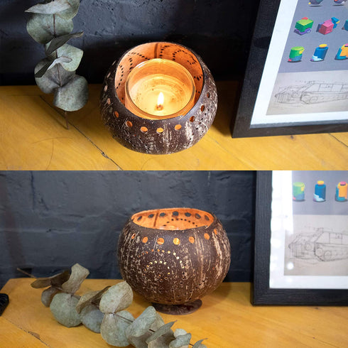 Coconut Candle Holder Lantern Birdcage Shape Rustic Coco Jar Candle Tealight Holders, Decorative Candle Light Holder for Garden Spa Christmas Wedding Dining Party Home Decor (Scroll Pattern)