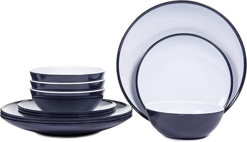 Melamine Dinnerware Set - 12pcs dinnerware set Indoor and Outdoor use, Two-color Design Dishes Dinnerware Set for 4,Dishwasher Safe, Blue
