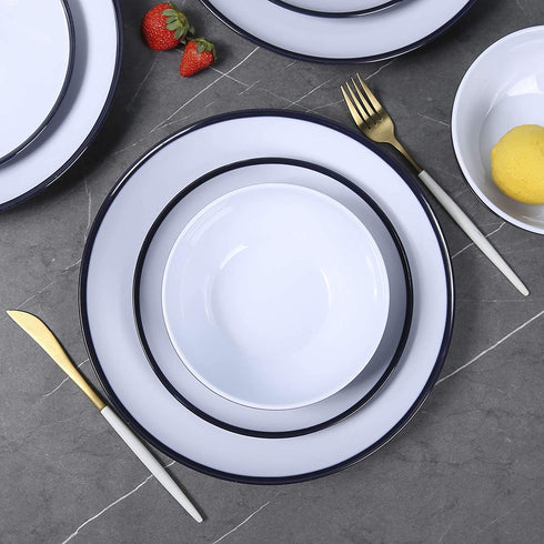 Melamine Dinnerware Set - 12pcs dinnerware set Indoor and Outdoor use, Two-color Design Dishes Dinnerware Set for 4,Dishwasher Safe, Blue
