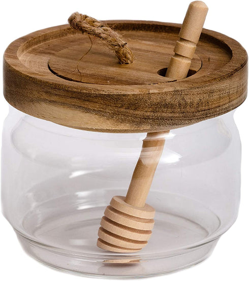Dstuff Honey Jar Pot Glass Holder Dispenser with Wooden Dipper and Acacia Lid Cover for Home Kitchen, Clear, 9 Ounces, Honey Container for Storage