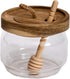 Dstuff Honey Jar Pot Glass Holder Dispenser with Wooden Dipper and Acacia Lid Cover for Home Kitchen, Clear, 9 Ounces, Honey Container for Storage