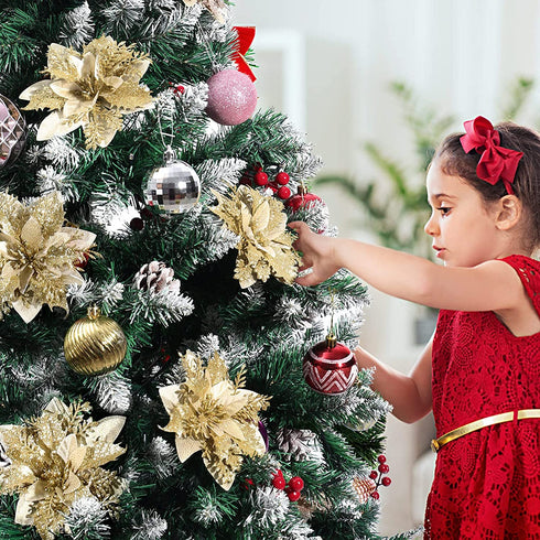 jojofuny 12Pcs Christmas Glitter Poinsettia Flowers, Christmas Tree Flower Decorations Artificial Flowers with Stems and Clips for Wedding Party Wreath (Golden)