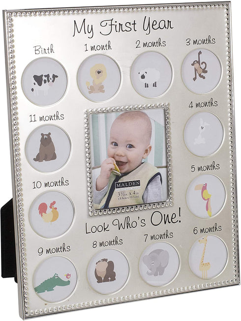 Malden International Designs My First Years Beaded Two Tone Silver Metal Picture Frame, 3 Option, 1-3.5x4 & 12-1x1, Silver