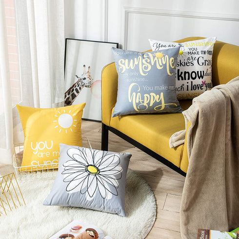 Emvency Set of 4 Throw Pillow Covers You are My Sunshine Yellow Gray with Words Decorative Pillow Cases Home Decor Square 16x16 Inches Pillowcases