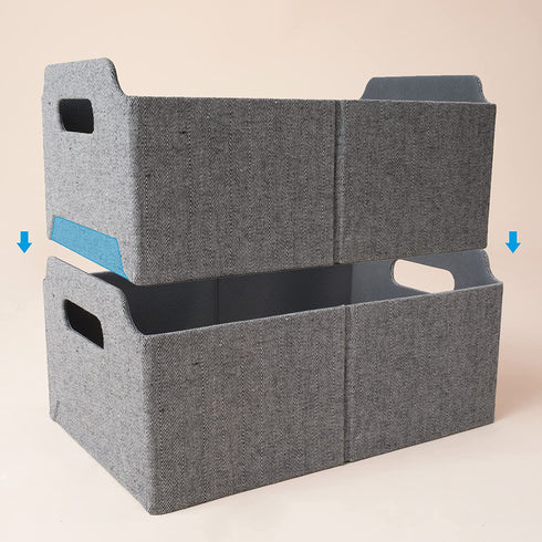 LA JOLIE MUSE Foldable Storage Baskets for Shelves, Stackable Rectangle Basket Set of 2 for Toys Makeup Books Closet Organizing, Modern Tweed Fabric, Grey