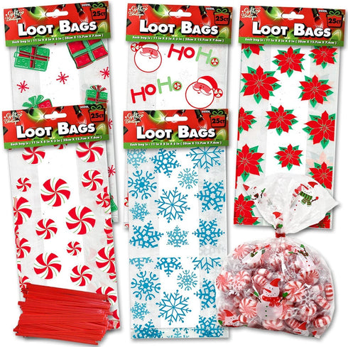 Christmas Gift Bags for Holiday Gifts - Cellophane Goodie Treat and Party Favor Bag with Twist Ties (150 Pack)